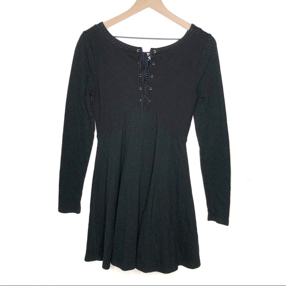 Free People Lace Up Back Tiny Polka Fit & Flare Dress Black M - Picture 7 of 7